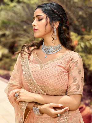 Rajwada Women Soft Net Peach Semi Stitched Lehenga Choli