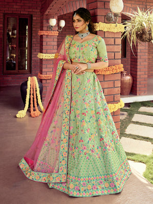 Rajwada Women Semi Stitched Green Raw Silk Lehenga Choli