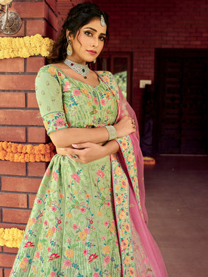 Rajwada Women Semi Stitched Green Raw Silk Lehenga Choli