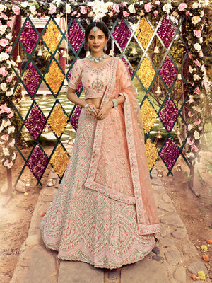 Rajwada Women Peach Elegant Semi Stitched Lehenga With Unstitched Blouse