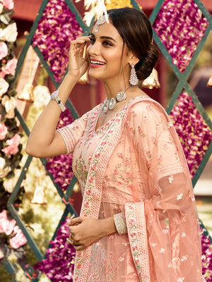 Rajwada Women Peach Elegant Semi Stitched Lehenga With Unstitched Blouse