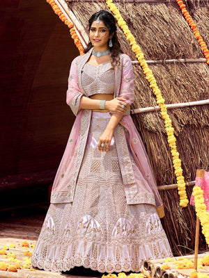 Rajwada Women Classy Pink Soft Net Semi Stitched Lehenga With Unstitched Blouse
