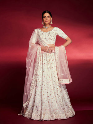 Rajwada - Gorgeous White Georgette Embroidered Semi Stitched Lehenga Choli