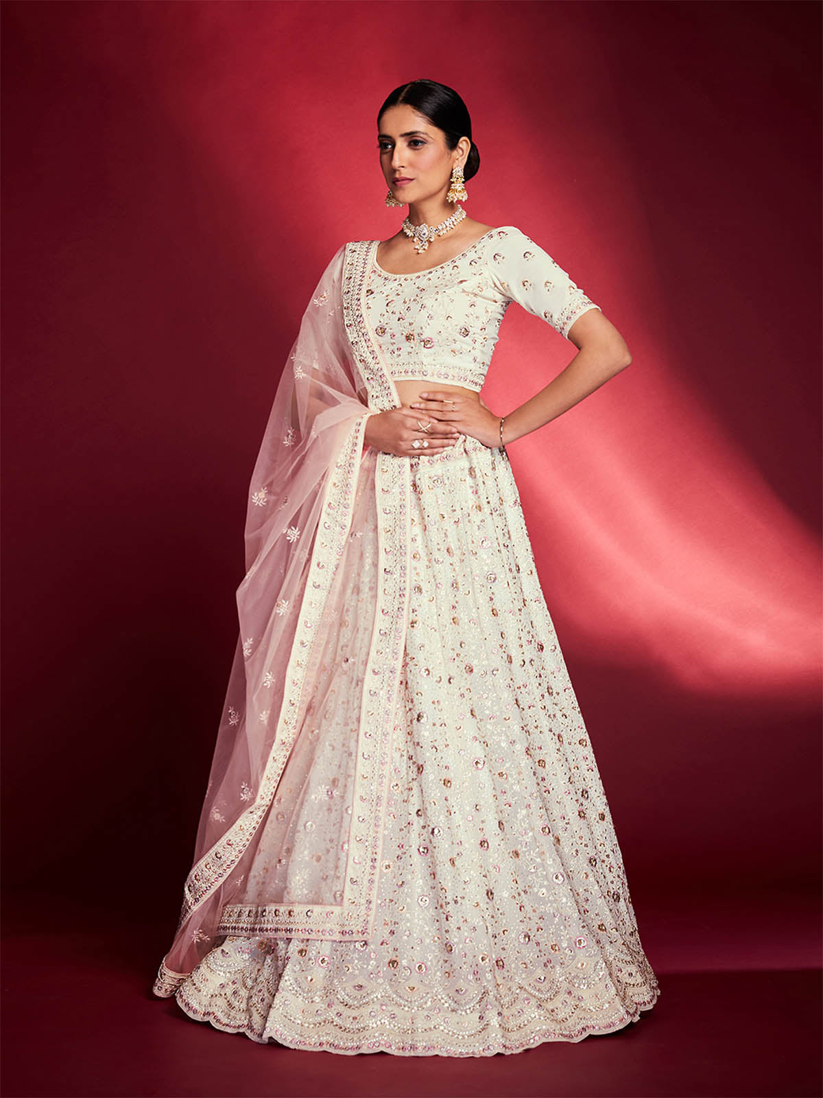 Rajwada - Gorgeous White Georgette Embroidered Semi Stitched Lehenga Choli