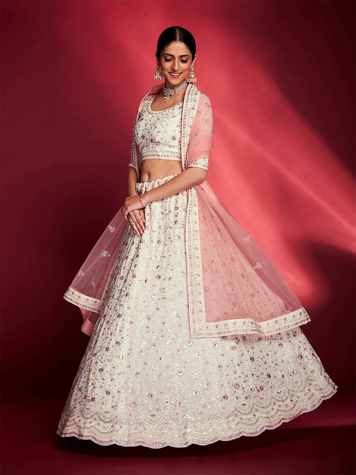 Rajwada - Gorgeous White Georgette Embroidered Semi Stitched Lehenga Choli
