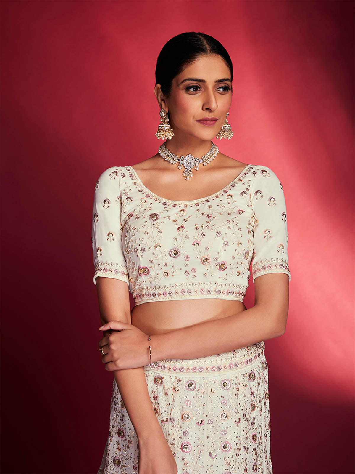 Rajwada - Gorgeous White Georgette Embroidered Semi Stitched Lehenga Choli