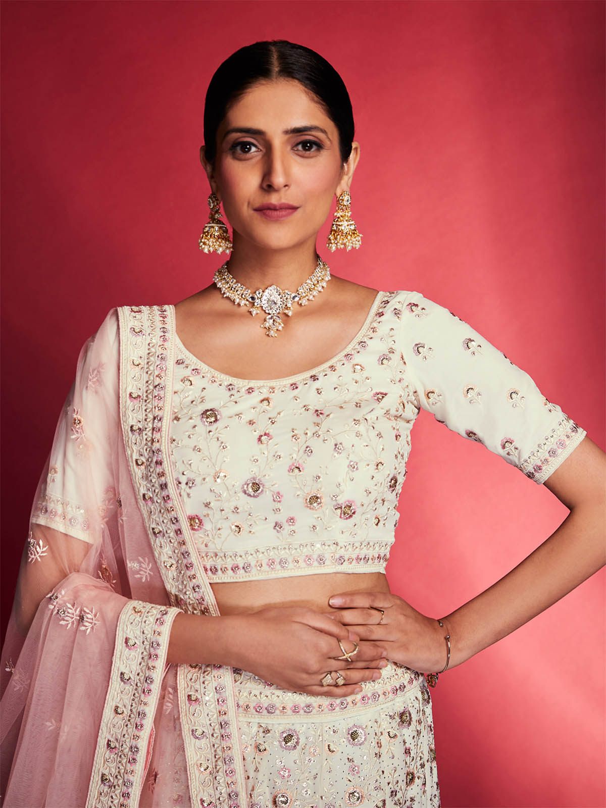 Rajwada - Gorgeous White Georgette Embroidered Semi Stitched Lehenga Choli