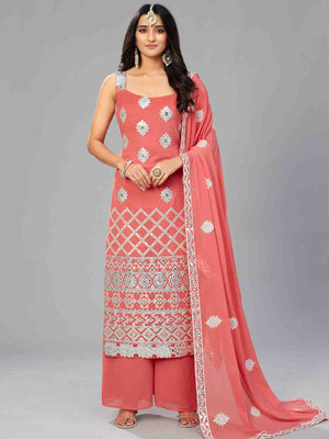 Rajwada Women Elegant Red Orange Semi Stitched Kurta Set