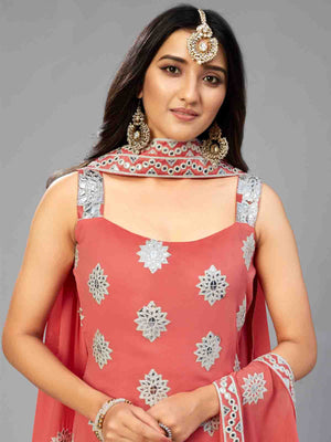 Rajwada Women Elegant Red Orange Semi Stitched Kurta Set