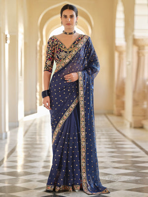 Rajwada Women Dark Blue Organza Embroidered Saree With Unstitched Blouse