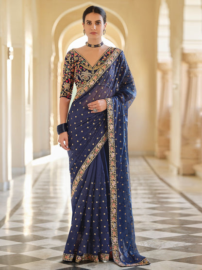 Rajwada Women Dark Blue Organza Embroidered Saree With Unstitched Blouse