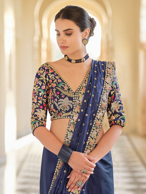 Rajwada Women Dark Blue Organza Embroidered Saree With Unstitched Blouse