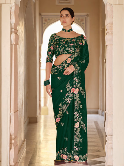 Rajwada Women Dark Green Organza Embroidered Saree With Unstitched Blouse