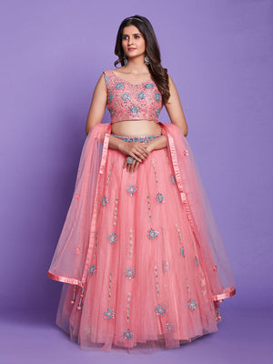 Rajwada Women Peach Net Stitched Lehenga Choli Set