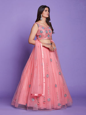 Rajwada Women Peach Net Stitched Lehenga Choli Set