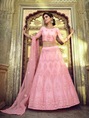 Rajwada Women Pink Embroidered Soft Net Semi Stitched Lehenga With Unstitched Blouse