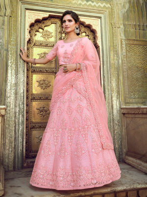 Rajwada Women Pink Embroidered Soft Net Semi Stitched Lehenga With Unstitched Blouse