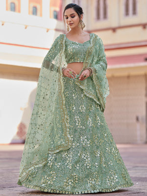 Rajwada Women Green Embroidered Semi Stitched Lehenga With Unstitched Blouse