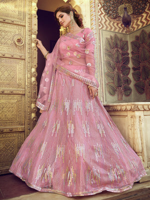 Rajwada Women Pink Sequins Semi Stitched Lehenga With Unstitched Blouse