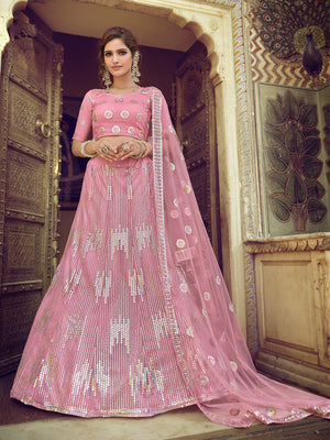 Rajwada Women Pink Sequins Semi Stitched Lehenga With Unstitched Blouse