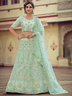 Rajwada Women Green Embroidered Soft Net Semi Stitched Lehenga With Unstitched Blouse