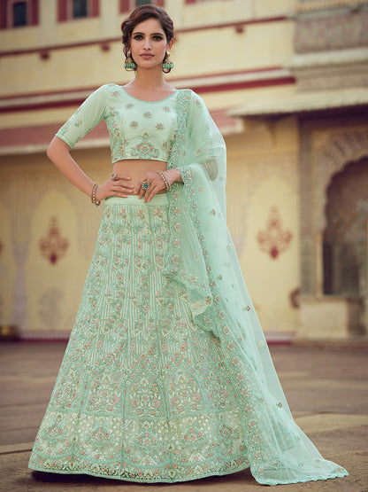 Rajwada Women Green Embroidered Soft Net Semi Stitched Lehenga With Unstitched Blouse