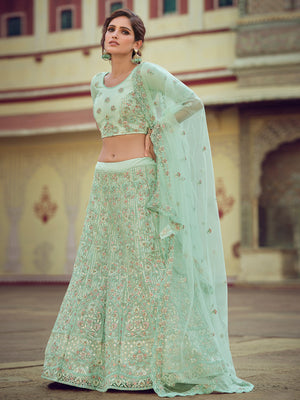 Rajwada Women Green Embroidered Soft Net Semi Stitched Lehenga With Unstitched Blouse