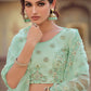 Rajwada Women Green Embroidered Soft Net Semi Stitched Lehenga With Unstitched Blouse