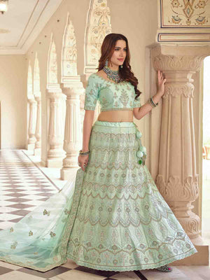 Rajwada Women Green Embroidered Crepe Semi Stitched Lehenga With Unstitched Blouse