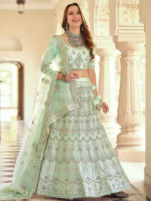 Rajwada Women Green Embroidered Crepe Semi Stitched Lehenga With Unstitched Blouse