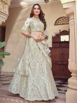 Rajwada Women Green Crepe Embroidered Semi Stitched Lehenga With Unstitched Blouse