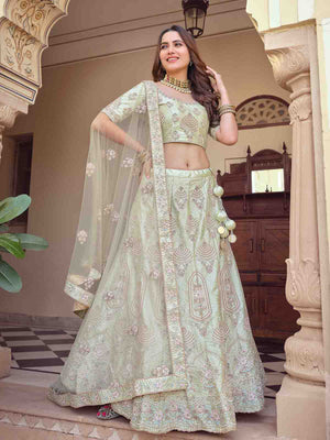Rajwada Women Green Crepe Embroidered Semi Stitched Lehenga With Unstitched Blouse
