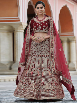 Rajwada Women Designer Maroon Semi Stitched Lehenga With Unstitched Blouse
