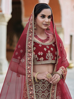 Rajwada Women Designer Maroon Semi Stitched Lehenga With Unstitched Blouse