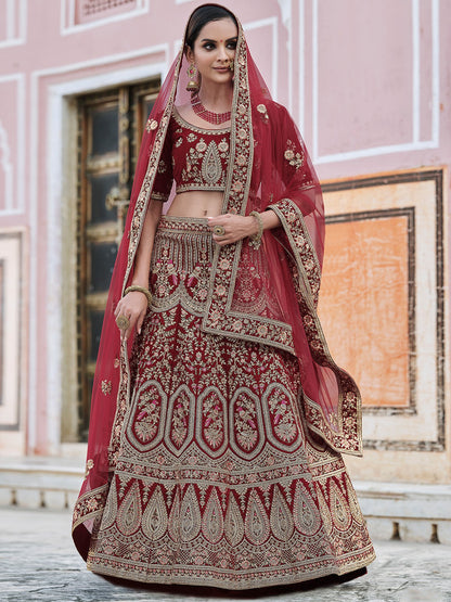 Rajwada Women Maroon Classy Semi Stitched Lehenga With Unstitched Blouse
