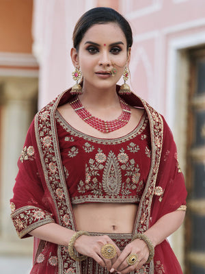 Rajwada Women Maroon Classy Semi Stitched Lehenga With Unstitched Blouse