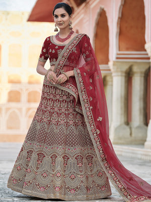 Rajwada Women Festive Maroon Semi Stitched Lehenga With Unstitched Blouse