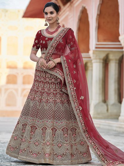 Rajwada Women Festive Maroon Semi Stitched Lehenga With Unstitched Blouse