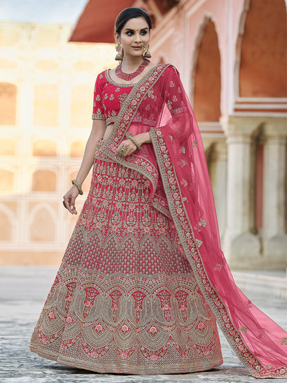 Rajwada Women Pink Velvet Soft Net Semi Stitched Lehenga With Unstitched Blouse