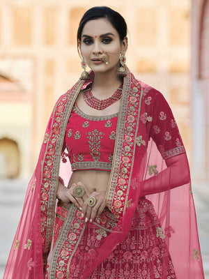 Rajwada Women Pink Velvet Soft Net Semi Stitched Lehenga With Unstitched Blouse