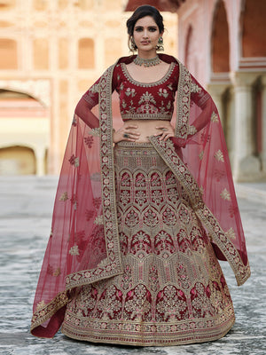 Rajwada Women Maroon Soft Net Hand Work And Embroidery Semi Stitched Lehenga With Unstitched Blouse
