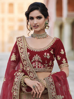 Rajwada Women Maroon Soft Net Hand Work And Embroidery Semi Stitched Lehenga With Unstitched Blouse