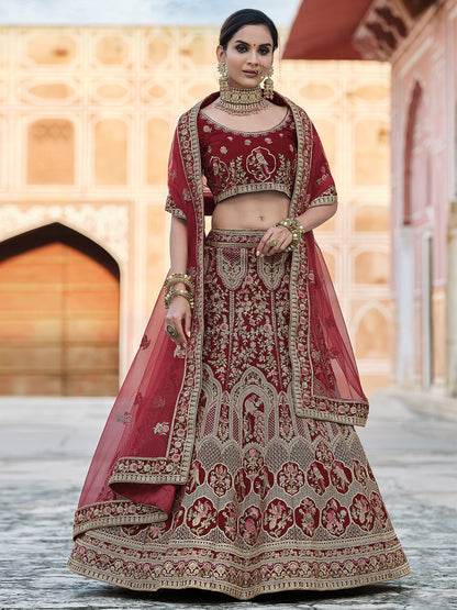 Rajwada Women Maroon Elegant Semi Stitched Lehenga With Unstitched Blouse