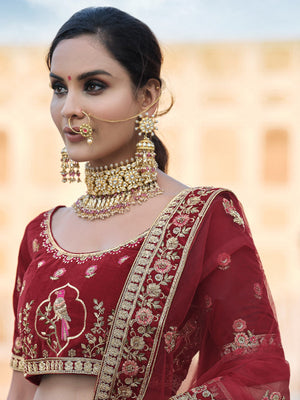 Rajwada Women Maroon Elegant Semi Stitched Lehenga With Unstitched Blouse