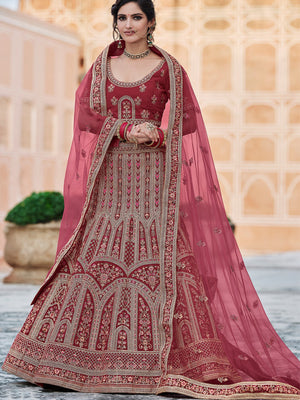 Rajwada Women Maroon Elegant Semi Stitched Lehenga With Unstitched Blouse