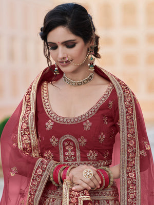 Rajwada Women Maroon Elegant Semi Stitched Lehenga With Unstitched Blouse