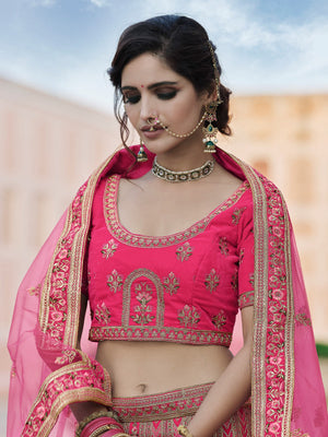Rajwada Women Festive Pink Semi Stitched Lehenga With Unstitched Blouse