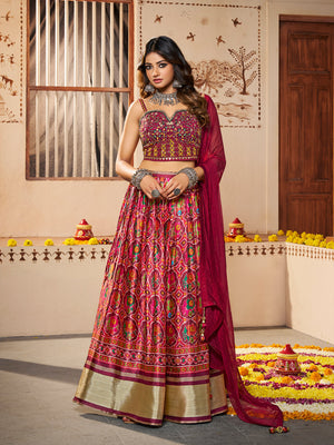 Rajwada Women Maroon Silk Printed Semi Stitched Lehenga With Unstitched Blouse