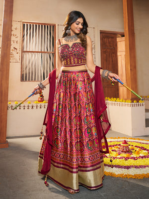 Rajwada Women Maroon Silk Printed Semi Stitched Lehenga With Unstitched Blouse