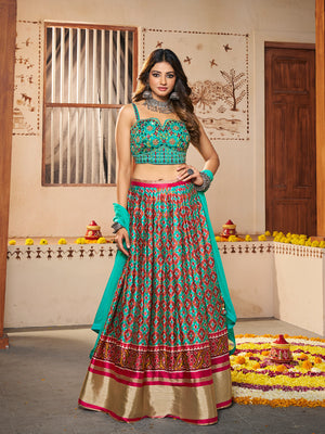 Rajwada Women Blue Silk Printed Semi Stitched Lehenga With Unstitched Blouse